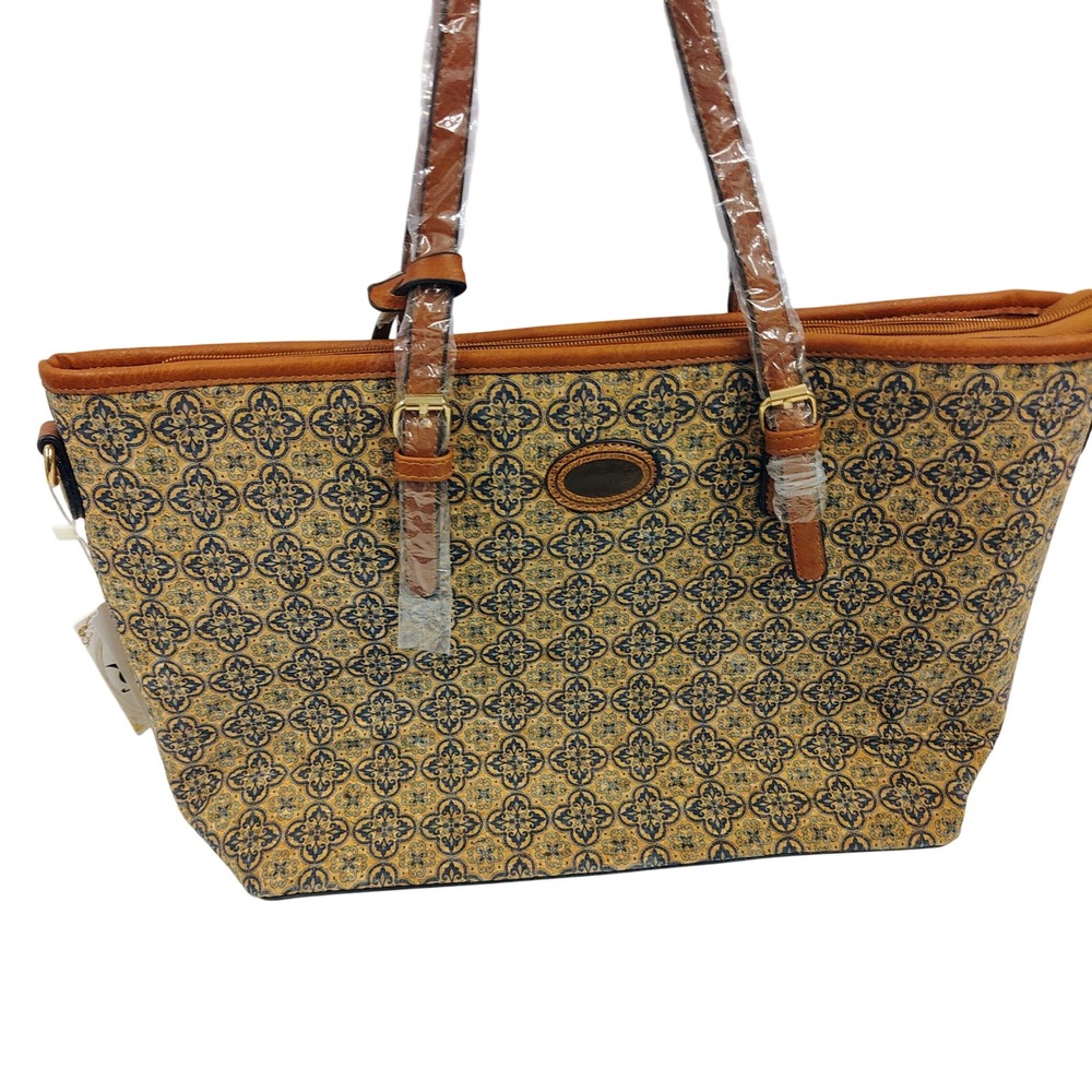 Valentina Cork Tote Bag‎ Lg Vegan Leather Shoulder Purse Azulejo Tile Boho Print